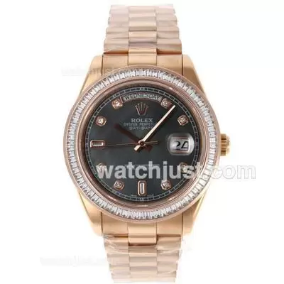 Rolex Day Date Ii Automatic Movement Full Rose Gold Cz Diamond Bezel Diamond Markers With Black Mop Dial