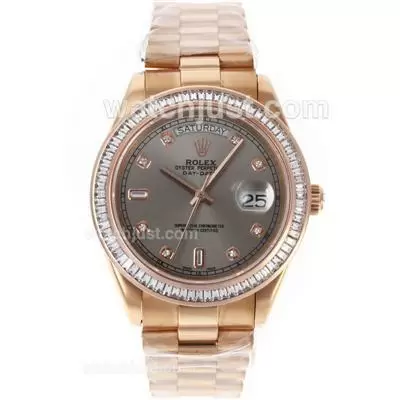 Rolex Day Date Ii Automatic Movement Full Rose Gold Cz Diamond Bezel Diamond Markers With Gray Dial