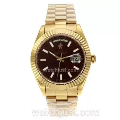 Rolex Day Date Ii Automatic Movement Full Gold Stick Markers With Brown Dial