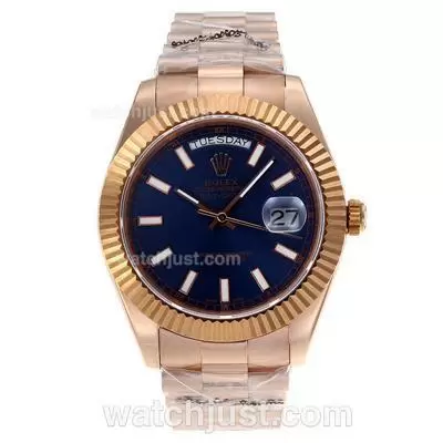 Rolex Day Date Ii Automatic Movement Full Rose Gold Stick Markers With Blue Dial