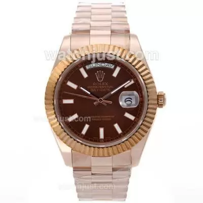 Rolex Day Date Ii Automatic Movement Full Rose Gold Stick Markers With Brown Dial