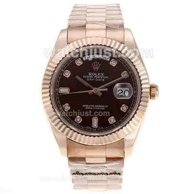 Rolex Day Date Ii Automatic Movement Full Rose Gold Diamond Markers With Brown Dial