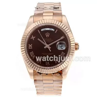 Rolex Day Date Ii Automatic Movement Full Rose Gold Roman Markers With Brown Dial