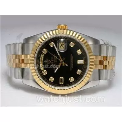 Rolex Day Date Automatic Two Tone With Diamond Markings Black Dial