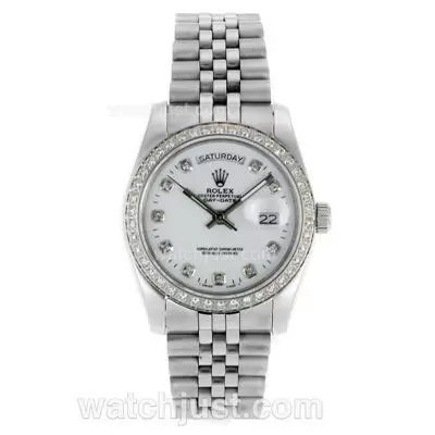 Rolex Day Date Automatic Diamond Bezel And Markers With White Dial Sapphire Glass