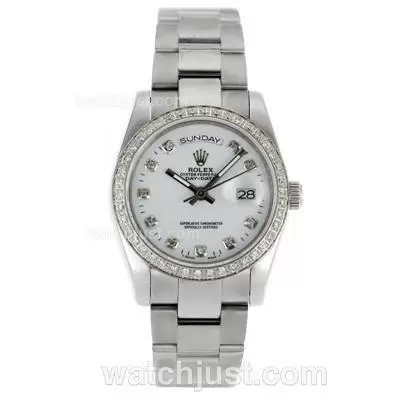 Rolex Day Date Automatic Diamond Bezel And Markers With White Dial Sapphire Glass