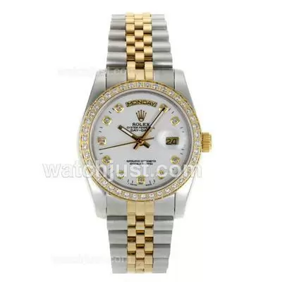 Rolex Day Date Automatic Two Tone Diamond Bezel And Markers With White Dial Sapphire Glass