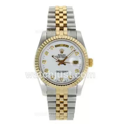 Rolex Day Date Automatic Two Tone Diamond Markers With White Dial Sapphire Glass