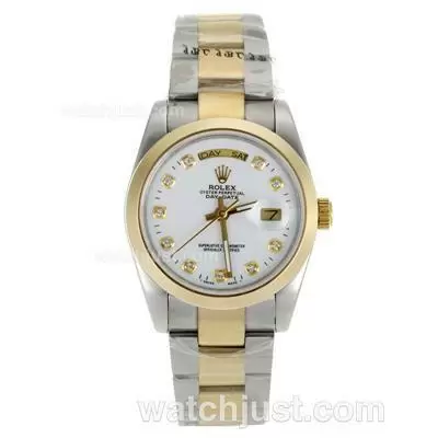 Rolex Day Date Automatic Two Tone Diamond Markers With White Dial Sapphire Glass