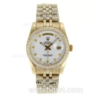 Rolex Day Date Automatic Full Gold Diamond Bezel And Markers With White Dial Sapphire Glass