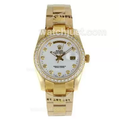 Rolex Day Date Automatic Full Gold Diamond Bezel And Markers With White Dial Sapphire Glass