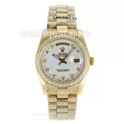 Rolex Day Date Automatic Full Gold Diamond Bezel And Markers With White Dial Sapphire Glass