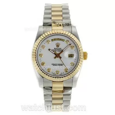 Rolex Day Date Automatic Two Tone Diamond Markers With White Dial Sapphire Glass