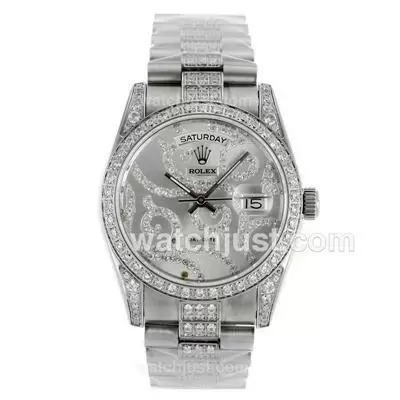 Rolex Day Date Automatic Diamond Bezel With Diamond Carved Dial Sapphire Glass