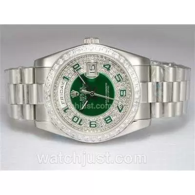 Rolex Day Date Automatic Diamond Bezel And Dial With Green