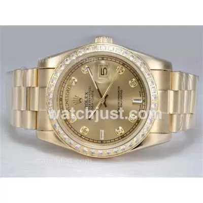 Rolex Day Date Automatic Full Gold With Diamond Bezel And Marking Golden Dial