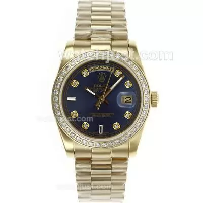 Rolex Day Date Automatic Full Gold With Diamond Bezel And Marking Blue Dial