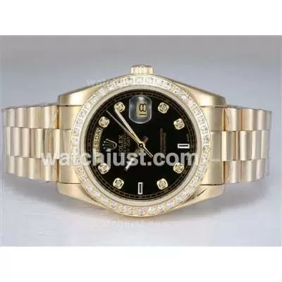 Rolex Day Date Automatic Full Gold With Diamond Bezel And Marking Black Dial