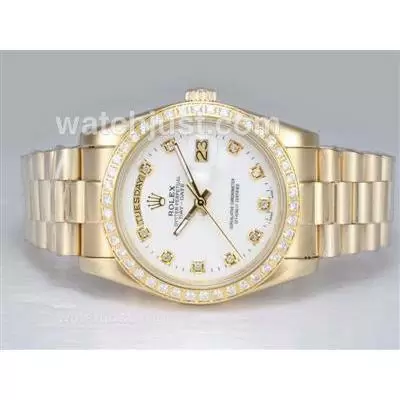 Rolex Day Date Automatic Full Gold With Diamond Bezel And Marking White Dial