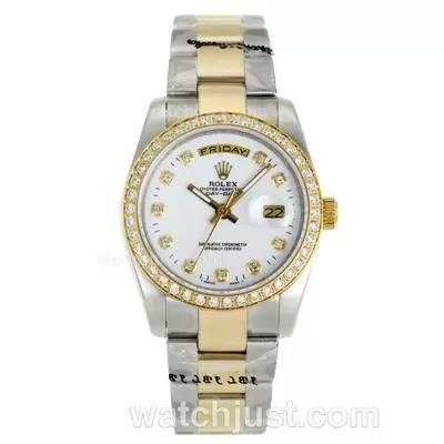 Rolex Day Date Automatic Two Tone Diamond Bezel And Markers With White Dial Sapphire Glass