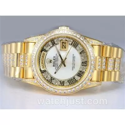 Rolex Day Date Automatic Full Gold With Diamond Bezel And Marking Mop Dial