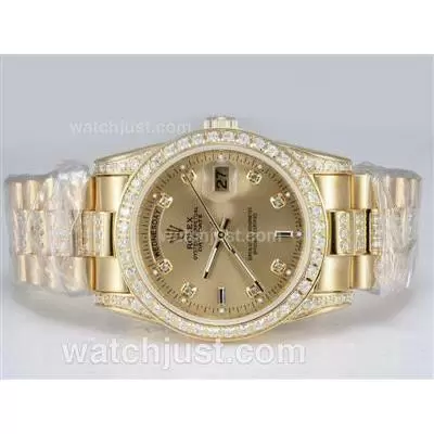 Rolex Day Date Automatic Full Gold With Diamond Bezel Golden Dial