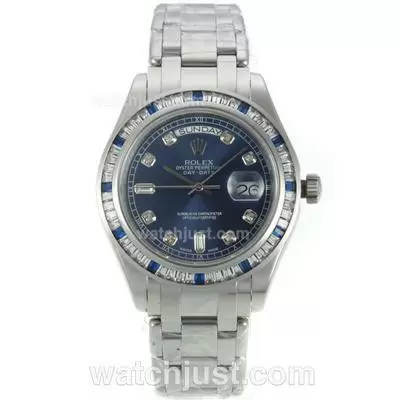 Rolex Day Date Automatic Cz Diamond Bezel With Blue Dial Diamond Markers S/s Same Chassis As Eta Version