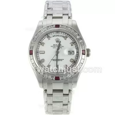 Rolex Day Date Automatic Cz Diamond Bezel With White Dial Diamond Markers S/s Same Chassis As Eta Version