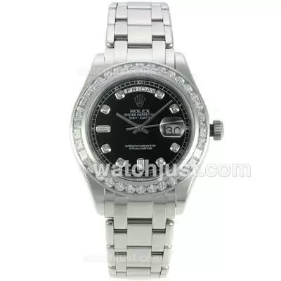 Rolex Day Date Automatic Cz Diamond Bezel With Black Dial Diamond Markers S/s Same Chassis As Eta Version