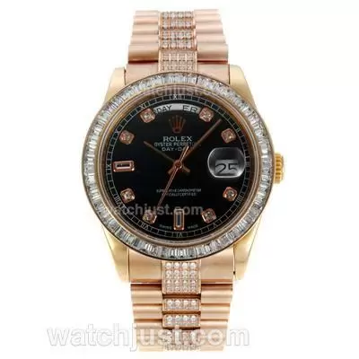 Rolex Day Date Automatic Full Rose Gold With Black Dial Cz Diamond Bezel And Markers Same Chassis As Eta Version