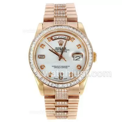 Rolex Day Date Automatic Full Rose Gold Cz Diamond Bezel And Markers With White Dial Same Chassis As Eta Version