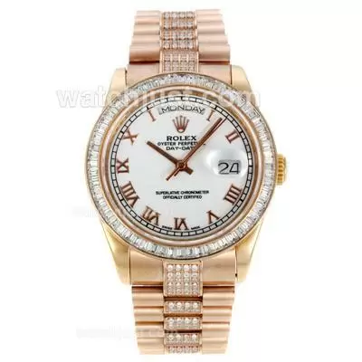 Rolex Day Date Automatic Full Rose Gold Cz Diamond Bezel With White Dial Roman Markers Same Chassis As Eta Version