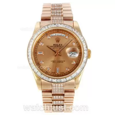 Rolex Day Date Automatic Full Rose Gold With Golden Dial Cz Diamond Bezel And Markers Same Chassis As Eta Version