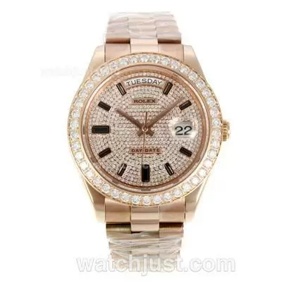 Rolex Day Date Automatic Full Rose Gold With Diamond Dial And Bezel Cz Diamond Markers Same Chassis As Eta Version