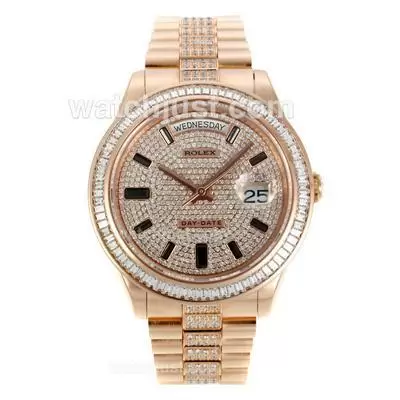 Rolex Day Date Full Rose Gold Automatic With Diamond Dial Cz Diamond Bezel And Markers Same Chassis As Eta Version