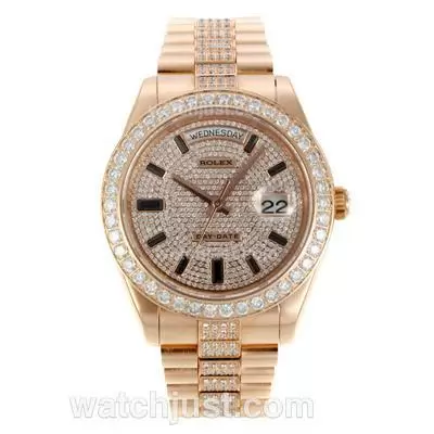 Rolex Day Date Full Rose Gold Automatic With Diamond Dial And Bezel Cz Diamond Markers Same Chassis As Eta Version