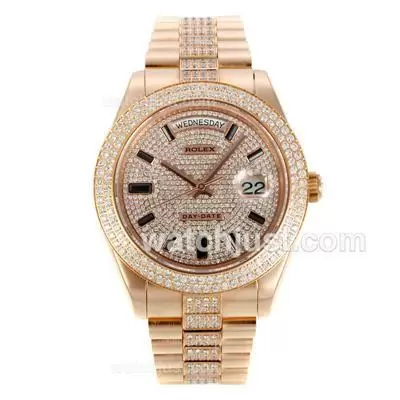 Rolex Day Date Full Rose Gold Automatic With Diamond Bezel And Dial Cz Diamond Markers Same Chassis As Eta Version