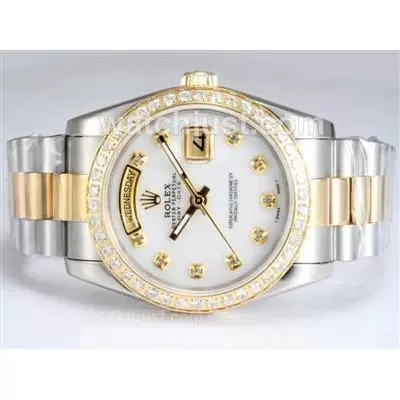 Rolex Day Date Automatic Two Tone With Diamond Bezel And Marking White Mop Dial