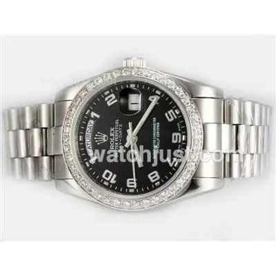 Rolex Day Date Automatic Diamond Bezel With Black Dial Number Marking