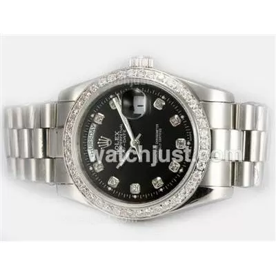 Rolex Day Date Automatic Diamond Bezel And Marking With Black Dial