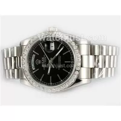 Rolex Day Date Automatic Diamond Bezel With Black Dial Stick Marking