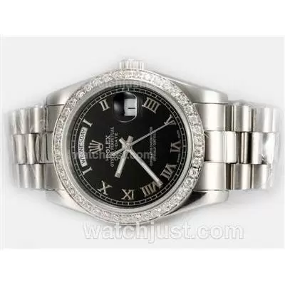 Rolex Day Date Automatic Diamond Bezel With Black Dial Roman Marking