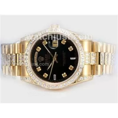 Rolex Day Date Automatic Movement With Black Dial Full Diamond Bezel And Marking