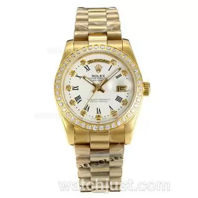 Rolex Day Date Automatic Full Gold Diamond Bezel With Diamond And Roman Marking