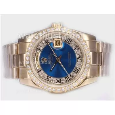 Rolex Day Date Automatic Full Gold Diamond Bezel With Blue Dial Roman Marking