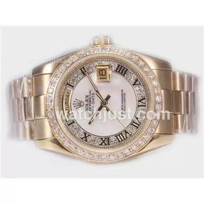 Rolex Day Date Automatic Full Gold Diamond Bezel With White Dial Roman Marking