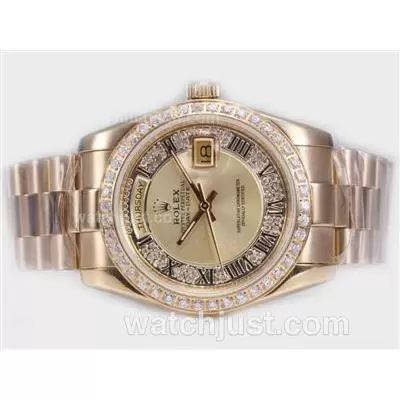 Rolex Day Date Automatic Full Gold Diamond Bezel With Golden Dial Roman Marking