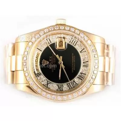 Rolex Day Date Automatic Full Gold Diamond Bezel With Black Dial Roman Marking