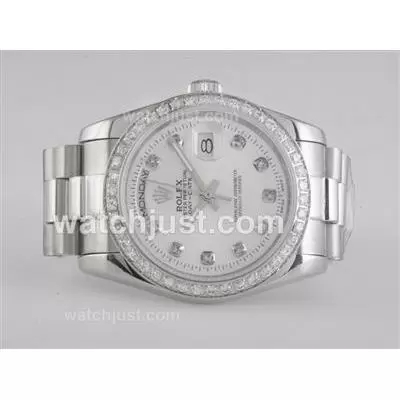 Rolex Day Date Automatic Diamond Marking And Bezel With White Dial