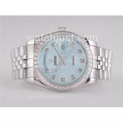 Rolex Day Date Automatic Diamond Marking And Bezel With Blue Computer Dial